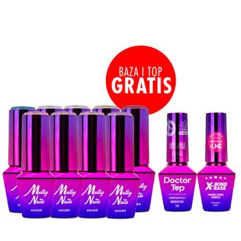 Zestaw 9 kolorów Luxury Glam Molly Nails + baza i top GRATIS (X-Bond Base, Doctor Top)