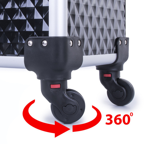 Kuferek kosmetyczny XXXL 4w1 walizka kosmetyczna na kółkach obrotowych 360 stopni Diamond 3D Czarny ze srebrnymi okuciami