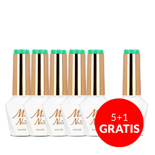 5+1gratis Lakier hybrydowy Molly Nails Green Party Crystal Grass HEMA/Di-HEMA Free 8g Nr 84