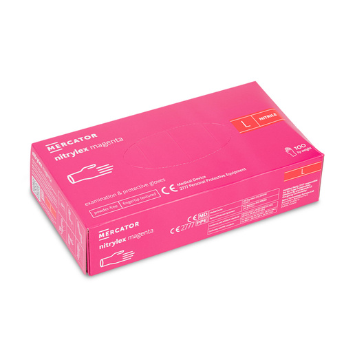 Rękawiczki jednorazowe nitrylowe diagnostyczne i ochronne Mercator rozmiar L magenta 100 szt