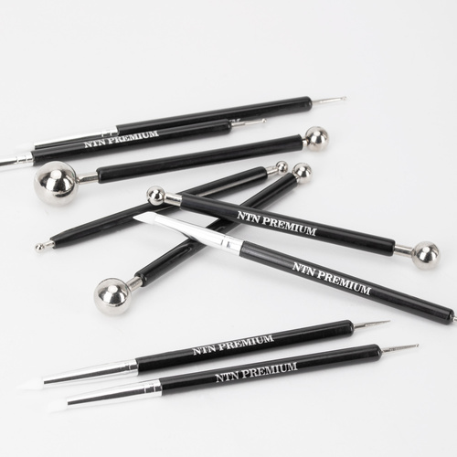 Zestaw sonda + silikonowy aplikator do zdobień wcierania pyłków i zdobienia paznokci NTN Premium czarne 9 szt