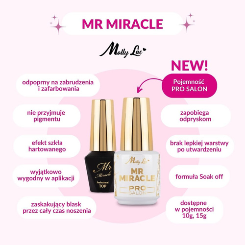 Top no wipe Mr. Miracle Pro Salon MollyLac do lakierów hybrydowych nie przyjmujący pigmentu Clear 15g