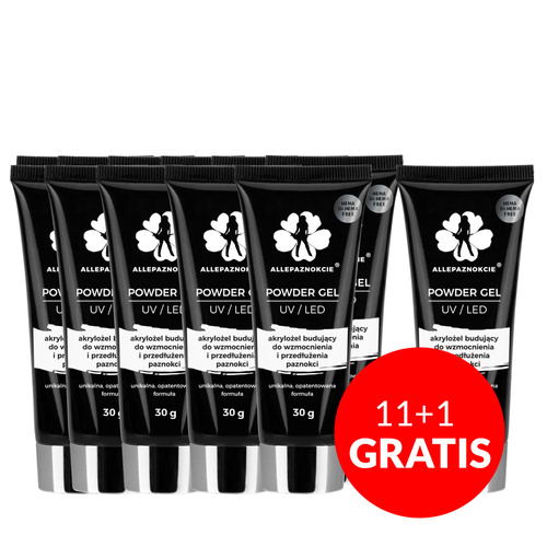 11+1gratis Powder Gel akrylożel Allepaznokcie HEMA/Di-HEMA Free White 30g