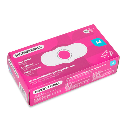 Rękawiczki jednorazowe nitrylowe diagnostyczne i ochronne Medisterill rozmiar M magenta 100szt