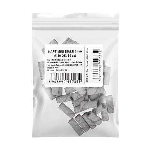 Kapturki do manicure i pedicure mandrele nakładki ścierne cylinder mini białe 3mm gradacja 180 50 szt.
