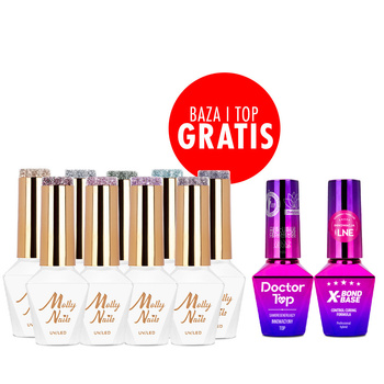 Zestaw 9 kolorów Flashing Lights Molly Nails HEMA/Di-HEMA Free + baza i top GRATIS (X-Bond Base, Doctor Top)