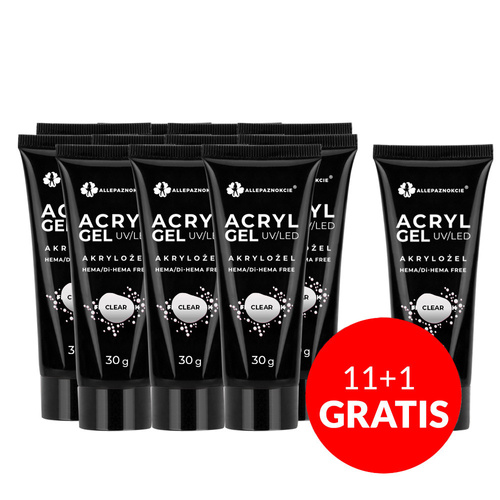 11+1gratis Acryl Gel akrylożel Allepaznokcie HEMA/Di-HEMA Free Clear 30g