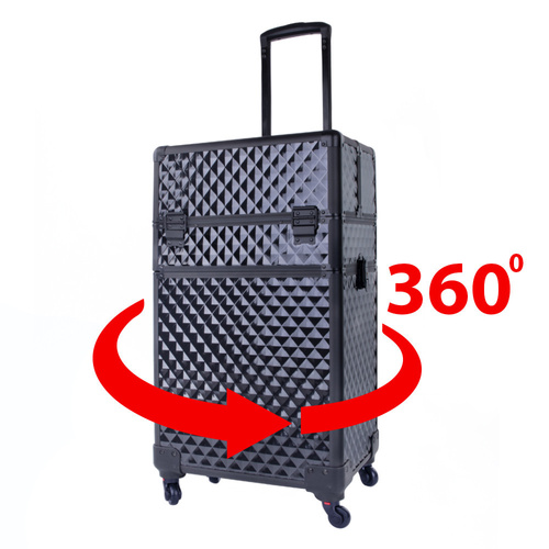 Kuferek kosmetyczny XXXL 4w1 walizka kosmetyczna na kółkach obrotowych 360 stopni Diamond 3D Czarny z czarnymi okuciami