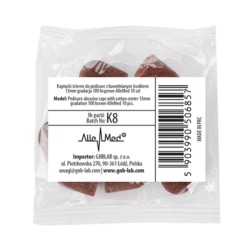 Kapturki ścierne do pedicure z bawełnianym środkiem 13mm gradacja 100 brązowe AlleMed 10 szt