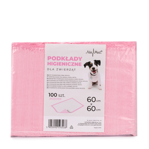 6sztuk Podkłady mata maty chłonne dla psa nauka sikania higiena czystość AlleMed 100 szt. 60x60 cm różowe