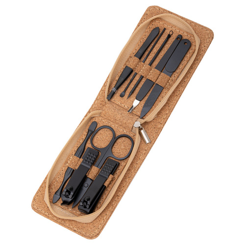 Zestaw 9 akcesoriów kosmetycznych do manicure, pedicure i regulacji brwi w korkowym etui - CC044