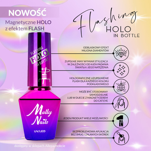 5+1gratis Lakier hybrydowy Molly Nails Flashing Holo in Bottle 8g