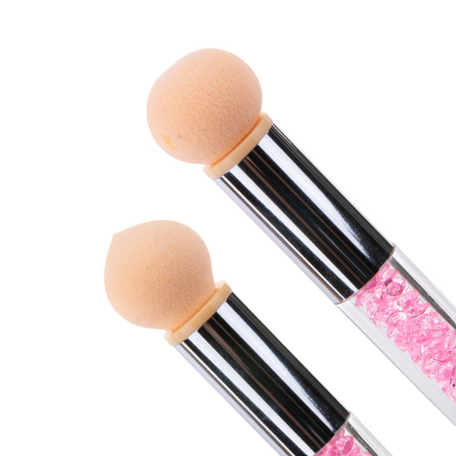 Dwustronny pędzel gąbka do ombre i nail art z cyrkoniami różowy