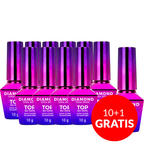 10+1gratis Top wysoki połysk bez przemywania Diamond Ultra Shine top no wipe high gloss Molly Nails Clear 10g