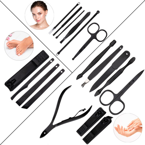 Zestaw 18 akcesoriów kosmetycznych do manicure, pedicure i zabiegów na twarz w czarno - czerwonym etui - CC046