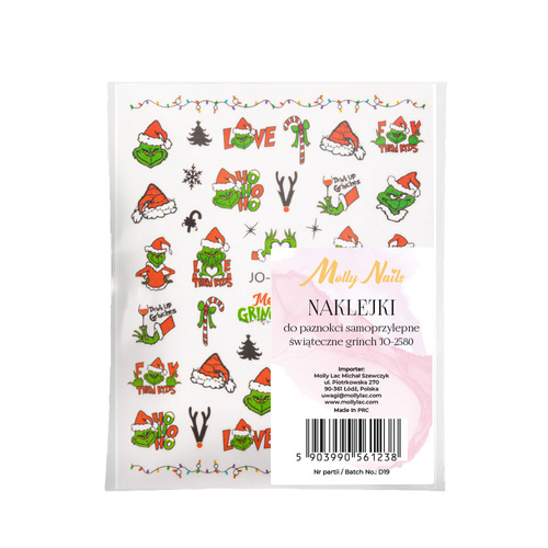 Naklejki do paznokci samoprzylepne świąteczne grinch Molly Nails JO-2580