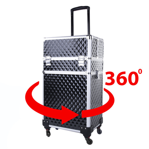 Kuferek kosmetyczny XXXL 4w1 walizka kosmetyczna na kółkach obrotowych 360 stopni Diamond 3D Czarny ze srebrnymi okuciami