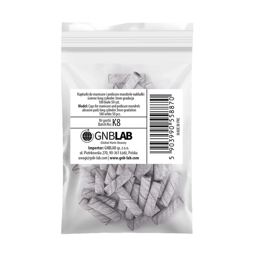 Kapturki do manicure i pedicure mandrele nakładki ścierne long cylinder 3mm gradacja 180 białe 50 szt.