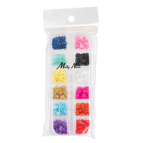 Kasetka z ozdobami akrylowe kwiatki Molly Nails mix kolorów Nr 2 ok. 300 sztuk