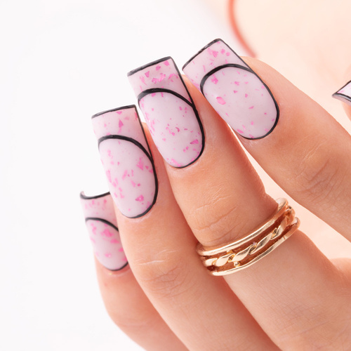 Mleczna baza kauczukowa z różowo metalicznymi płatkami Flakes Rubber Base Milk&Pink Molly Nails HEMA/Di-HEMA Free 10 gram