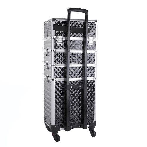 Kuferek kosmetyczny XXXL 4w1 walizka kosmetyczna na kółkach obrotowych 360 stopni Diamond 3D Czarny ze srebrnymi okuciami