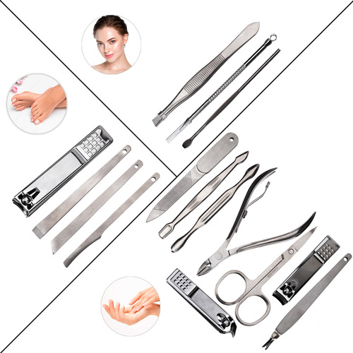 Zestaw 15 akcesoriów kosmetycznych do manicure, pedicure i zabiegów na twarz w czarno - brązowym etui - CC045