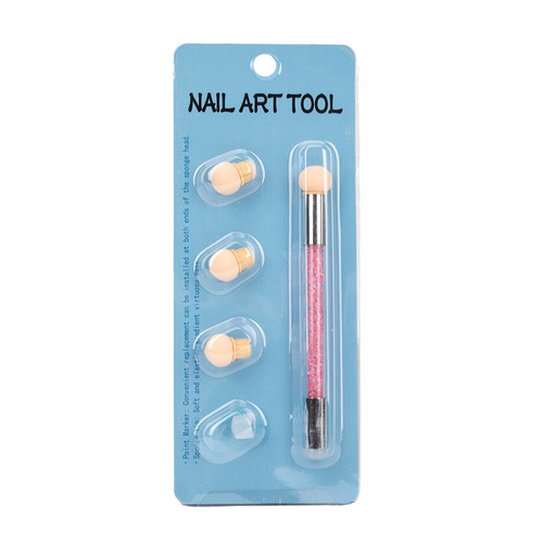 Dwustronny pędzel gąbka do ombre i nail art stempel z cyrkoniami różowy