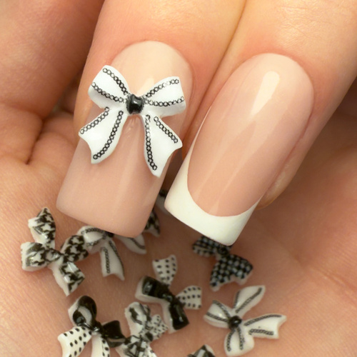 Ozdoby do paznokci kokardki 3D Molly Nails biało czarne 30 szt