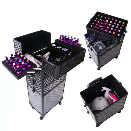 Kuferek kosmetyczny XXXL 4w1 walizka kosmetyczna na kółkach obrotowych 360 stopni Diamond 3D Czarny z czarnymi okuciami