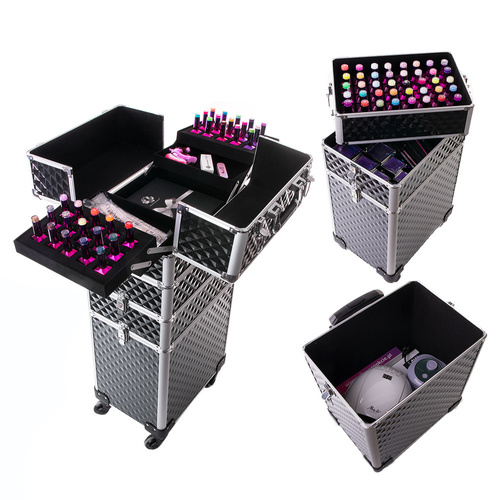 Kuferek kosmetyczny XXXL 4w1 walizka kosmetyczna na kółkach obrotowych 360 stopni Diamond 3D Czarny ze srebrnymi okuciami