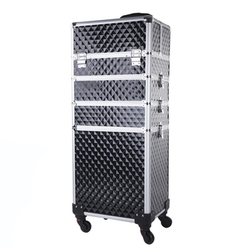 Kuferek kosmetyczny XXXL 4w1 walizka kosmetyczna na kółkach obrotowych 360 stopni Diamond 3D Czarny ze srebrnymi okuciami