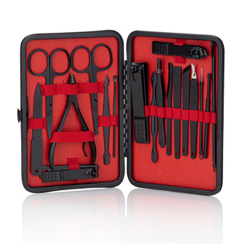 Zestaw 18 akcesoriów kosmetycznych do manicure, pedicure i zabiegów na twarz w czarno - czerwonym etui - CC046