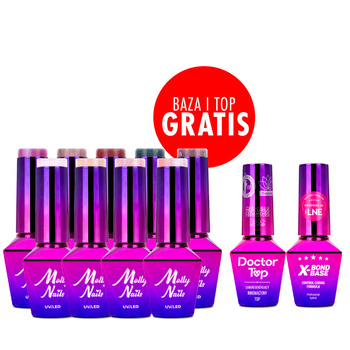 Zestaw 9 kolorów Bling it on! Molly Nails + baza i top GRATIS (X-Bond Base, Doctor Top)