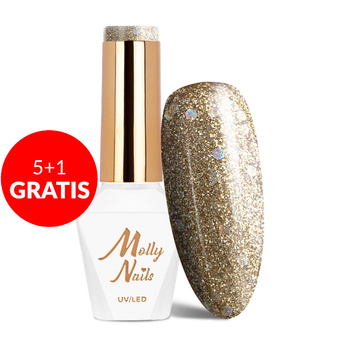 5+1gratis Lakier hybrydowy Molly Nails Queens Of Life Perfect Gold HEMA/Di-HEMA Free 8g Nr 32
