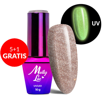 5+1gratis Lakier hybrydowy świecący w ciemności MollyLac Night Glowing Suede HEMA/Di-HEMA Free 10g Nr 670